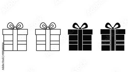 Two outlines and two filled shapes of gift boxes with bows are presented side by side.
