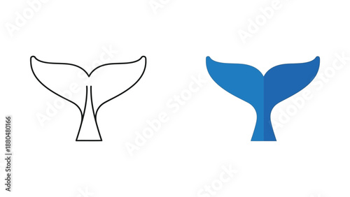 Simple vector illustrations contrasting a detailed outline drawing with a solid blue icon representing a whale tail fluke for marine biology concepts