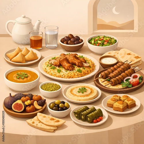 Ramadan Kareem Iftar Food Illustration for Islamic Campaign and Seasonal Design