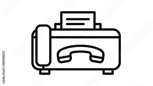 A fax machine with a handset and paper is depicted in a line drawing.