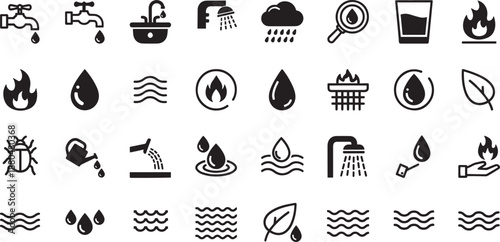 Set of water icons including drops faucets showers fire waves and nature symbols