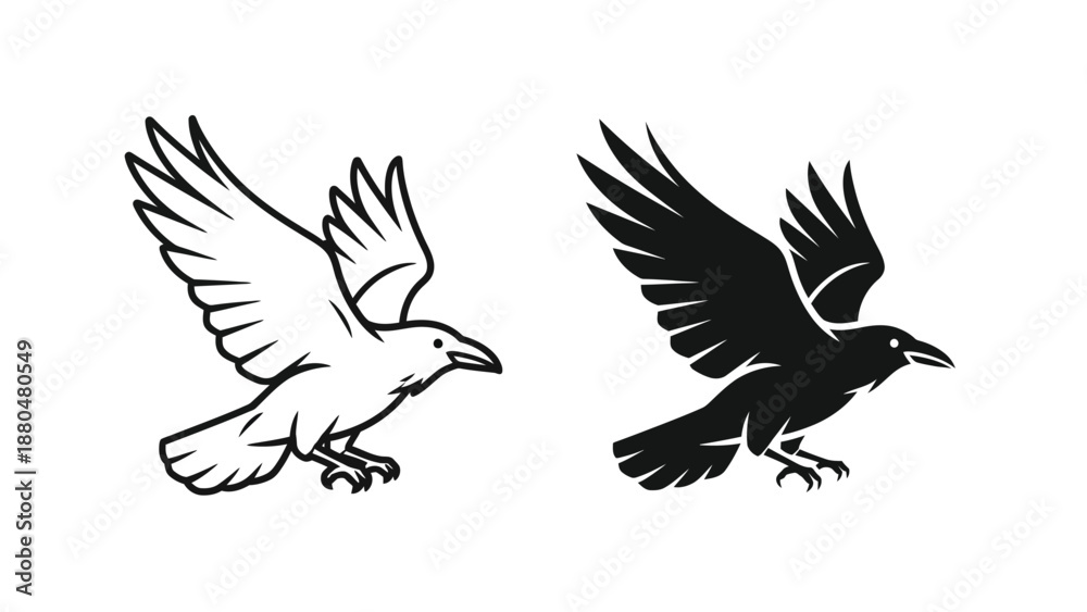 Obraz premium Striking vector set featuring two distinct graphic styles of a powerful raven bird captured mid-flight for logo design inspiration