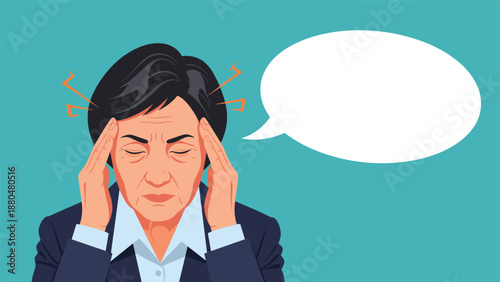 Senior woman in a dark suit suffering from a painful headache while closing her eyes with a blank speech bubble next to her.