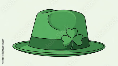 Green fedora hat with shamrock emblem St Patricks Day celebration accessory simple flat vector illustration for festive design