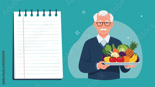 Elderly man in glasses holding a tray of fresh fruits and vegetables next to a large blank notepad for your healthy diet plan.