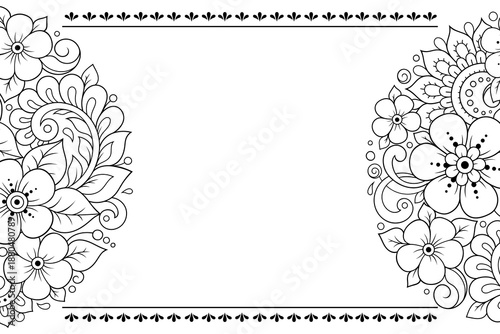 Frame in eastern tradition. Stylized with henna tattoos decorative pattern for decorating covers for book, notebook, casket, magazine, postcard and folder. Flower border in mehndi style.