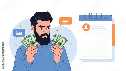 Bearded man holding fans of cash banknotes while looking at a financial profile document and floating icons of speech and charts.