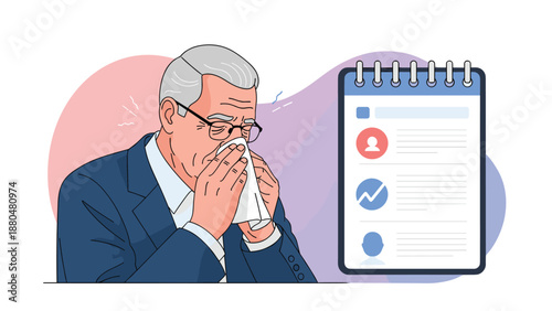 Sick elderly man in a suit blowing his nose with a tissue while sitting next to a medical checklist with various icons and profiles.