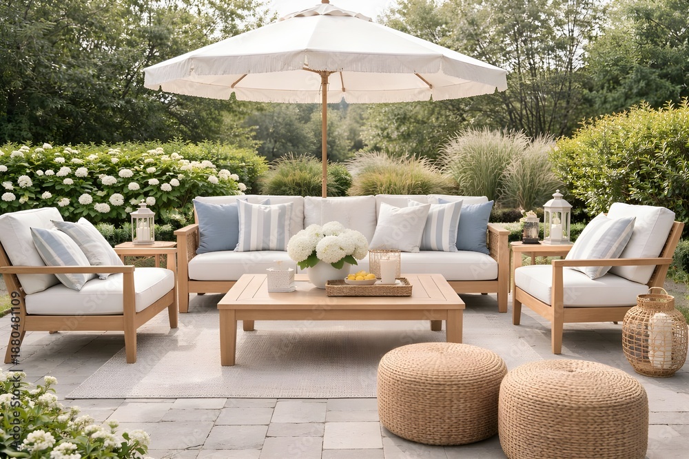 Fototapeta premium Elegant Outdoor Patio with Neutral Seating, Garden Umbrella, and Coastal Decor