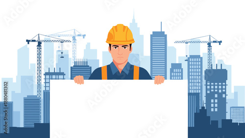 Male construction worker in a yellow hard hat and safety vest holding a large blank white board for your project details or ads.
