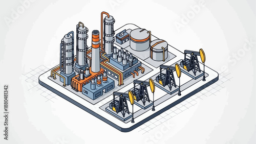 Industrial Oil Refinery and Pumping Station Isometric Illustration.