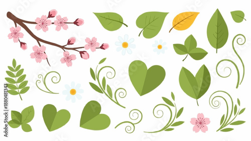 Spring Blossom And Green Leaf Elements Collection.