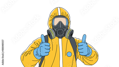 Person in a yellow protective hazmat suit and full gas mask giving a double thumbs up gesture against a plain white background.