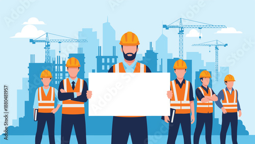 Diverse team of professional construction workers with a foreman holding a blank white sign for corporate messages.
