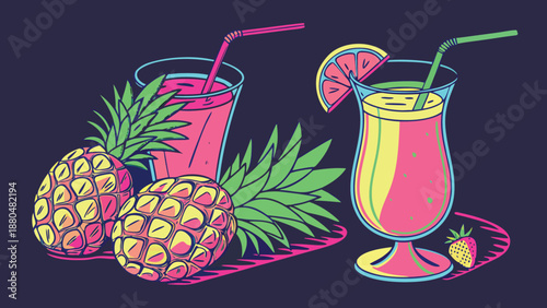 Vibrant tropical drinks with pineapple and straws on a dark background with fruit