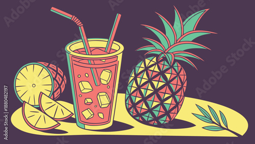 Fresh pineapple juice with ice cubes and straws on a yellow table with fruit