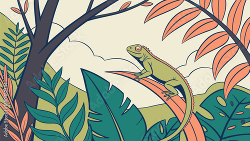 Green lizard on leafy branch in tropical forest with colorful foliage and tree