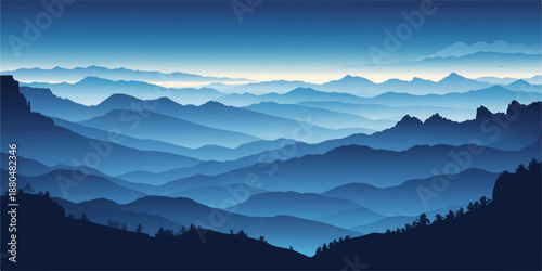 Misty blue mountain range peaks rising through morning fog and valley clouds at sunrise, creating a serene alpine landscape view under a soft dawn horizon