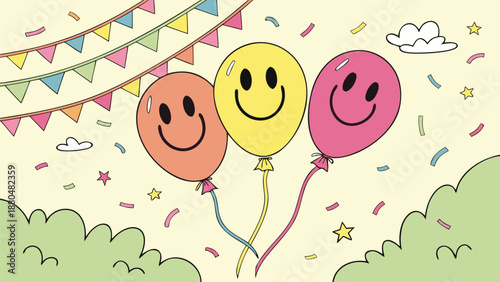Colorful balloons with smiley faces celebrate happy occasion with confetti and bunting