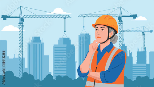 Senior female construction worker in a hard hat thinking about development projects against a city skyline.