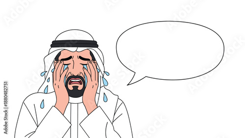 Distraught Arab man in traditional white clothing covering his eyes while crying next to a large empty white speech bubble.