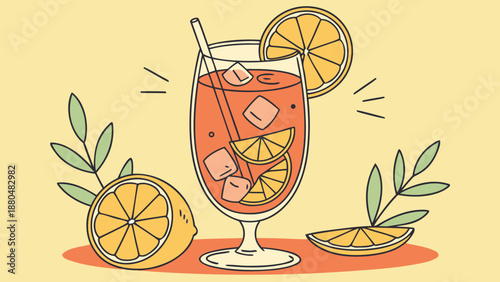 Refreshing summer drink with ice cubes and slices of orange in a tall glass on a table with green leaves