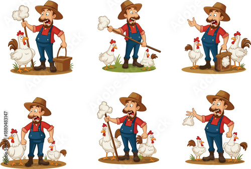 Cartoon farmer with chickens, collecting eggs and working on farm, funny farming character illustration, village poultry farm concept art