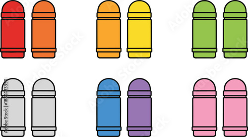 Colorful thermos bottle icons set in flat vector style for travel drinks outdoor activities and lifestyle design projects