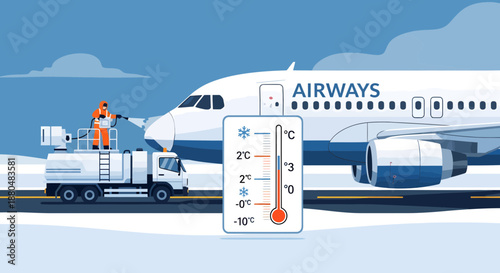 Airplane deicing on a cold winter day at airport