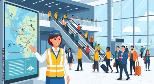 Airline staff guiding passengers at modern airport terminal