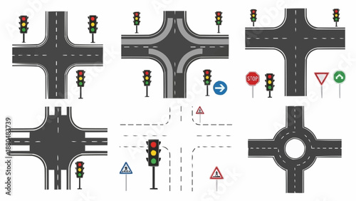 Collection of road intersections and traffic signals illustration.