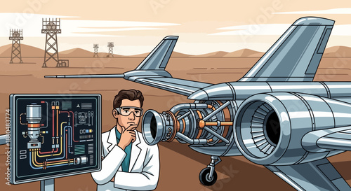 Engineer inspecting aircraft engine and diagram on display