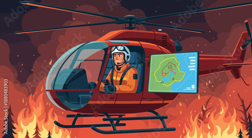 Helicopter pilot navigating through wildfire with map