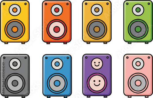 Colorful speaker sound system icons set in flat cartoon vector style for music audio apps and entertainment design projects