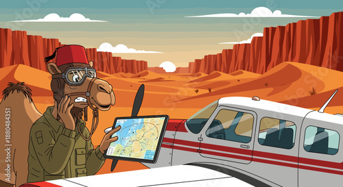 A pilot camel examines a map while standing next to airplane in desert