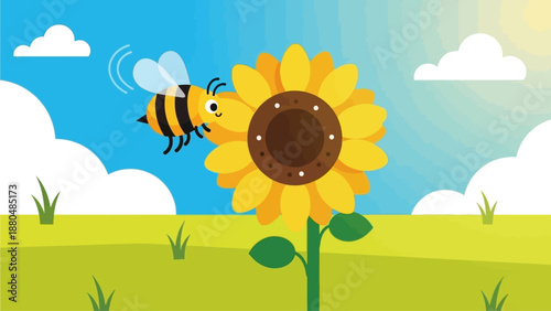 A lively flat design illustration showing a cheerful bumblebee character joyfully buzzing around a bright, large sunflower in a sunny field. 
