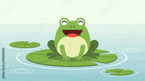 This charming flat design illustration depicts a relaxed and happy frog character peacefully resting on a large green lily pad in a tranquil pond. 
