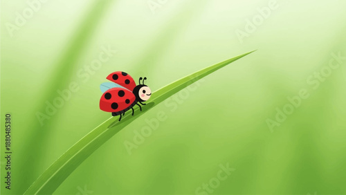 This charming flat design illustration showcases a tiny, cheerful ladybug character happily crawling on a vibrant blade of green grass.
