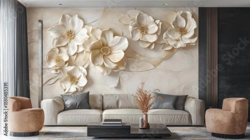 Modern living room featuring three-dimensional flower wall art and elegant furniture design