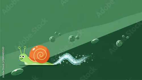 This unique flat design illustration features a cheerful snail character slowly making its way across moist ground, leaving a magical, shimmering trail.