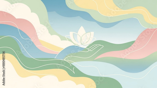Serene landscape with a hand holding a lotus flower amidst colorful wavy hills and clouds symbolizing peace and harmony in nature