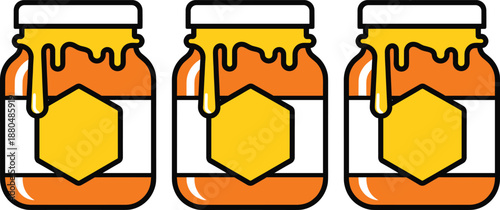 Honey jar illustrations set in flat cartoon vector style for food branding packaging labels and natural product design projects