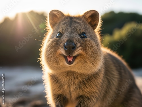 Cute quokka smiling in golden sunset light