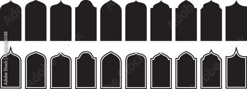 Collection of oriental style islamic vector shapes of a window or door arch mosque gate islamic arabesque pattern arab frame set on transparent background ramadan kareem silhouette icon set.