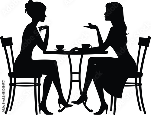 Two women sitting at a cafe table, drinking coffee, talking, elegant silhouettes, high heels, casual conversation, friendship, leisure, relaxing moment