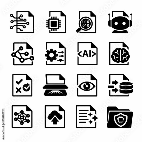 Collection of technology and ai document icons featuring chips and robotics symbols