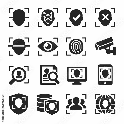 Facial recognition and security icons collection in black and white