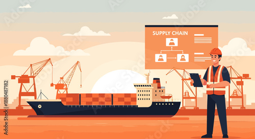 Dockworker Inspecting Cargo Ship with Tablet.