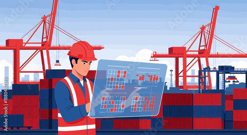 Dockworker Inspecting Shipping Containers at Terminal.