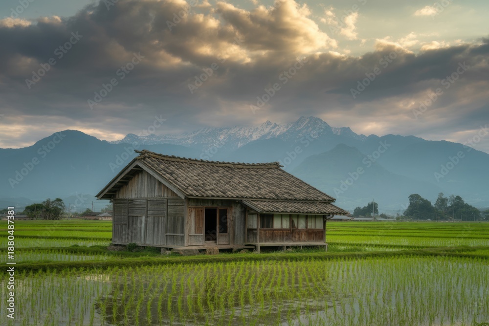 Fototapeta premium Tranquil scene: a traditional house nestled in a rice field, mountains in the background